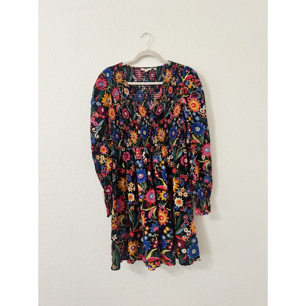 Boden Floral Smocked Cotton Mini Dress Long Sleeve Black Boho Size 12 - Picture 4 of 7